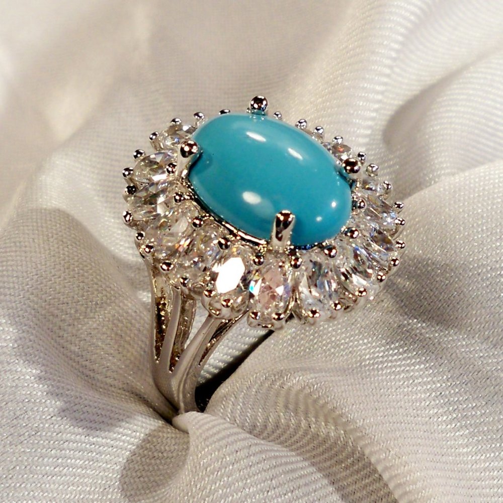NEW Cubic Zirconias Halo, *Turquoises, Silver DESIGNER Ring
